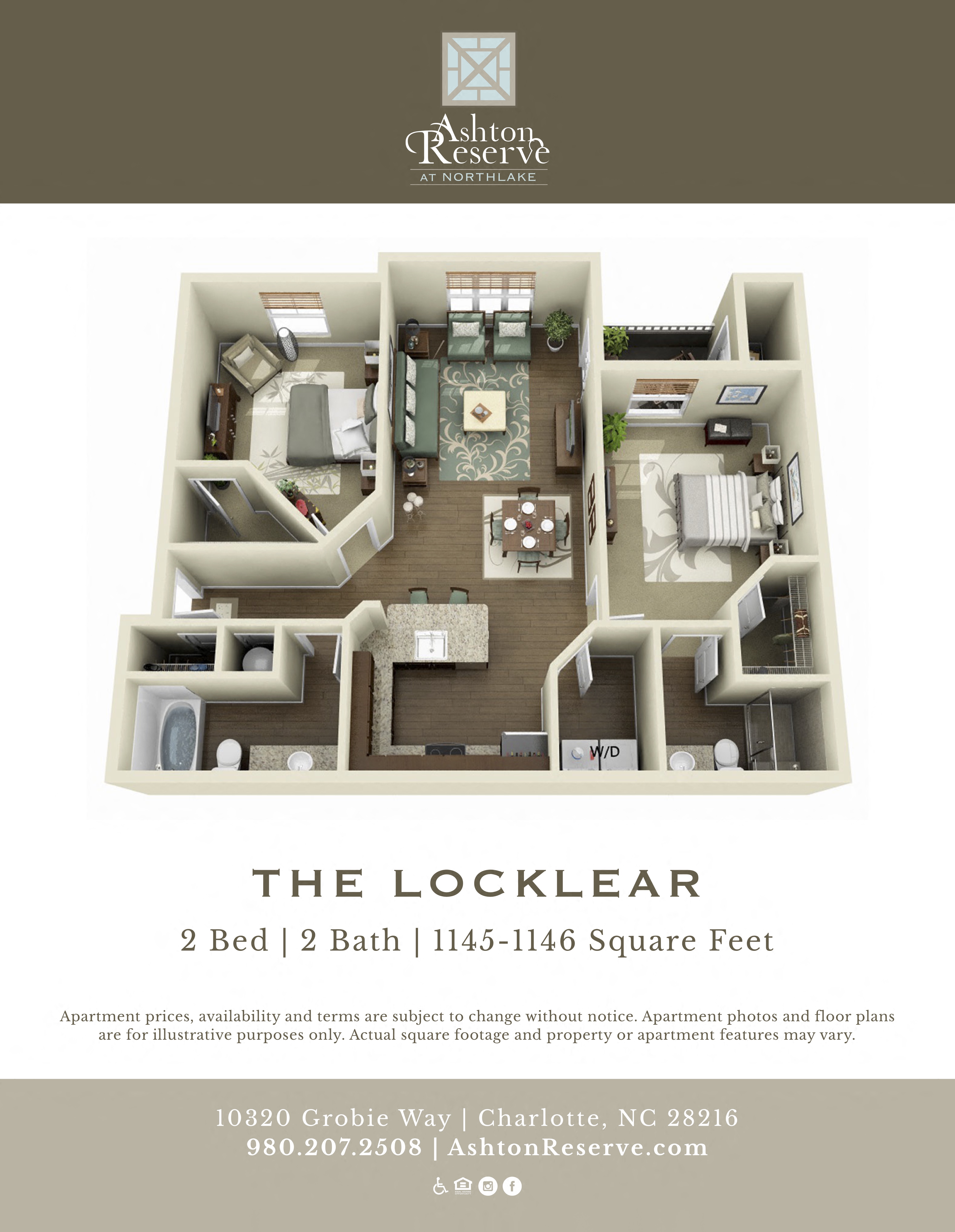 Floor plan for 2 beds, 2 baths, 1145 sqft
